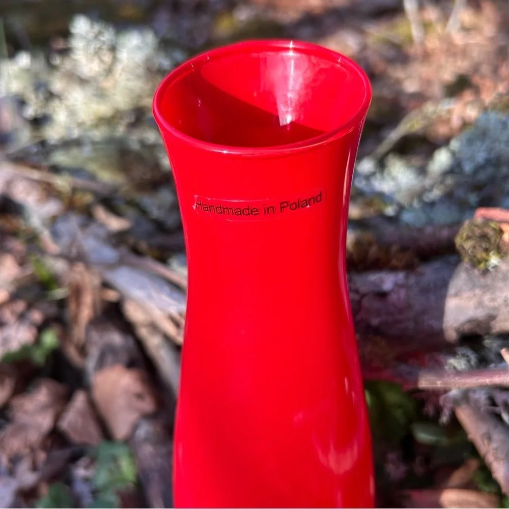 Slender Red Glass Vase Made in Poland 10" inch Tall Translucent Glass Drop Rim - Picture 5 of 8